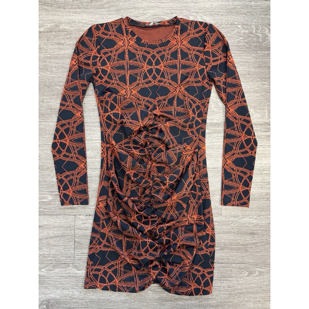 Zara Stunning Abstract Print Ruched 3/4 Sleeve Mini Dress Size Large